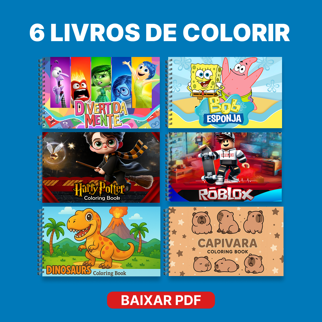 6 Livros de Colorir (Divertidamente, Bob Esponja, Harry Potter e Roblox)